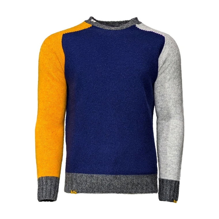 Bezszwowy Sweter w Patchworkowym Niebieskim Kolorze z Okrągłym Dekoltem Bob