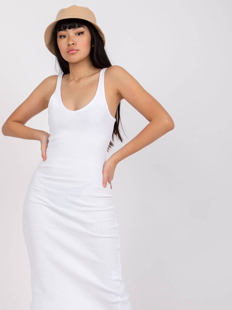 Sukienka basic biały casual codzienna letnia dekolt w kształcie V rękaw na ramiączkach długość midi materiał prążkowany