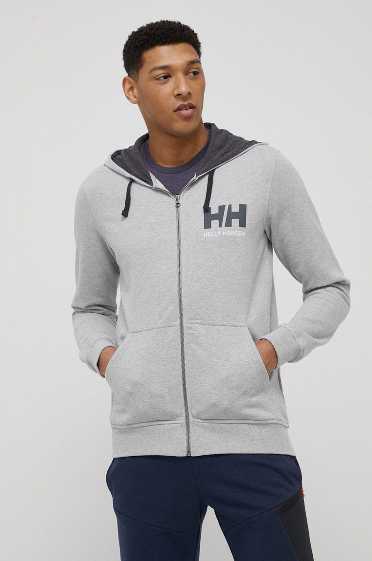 Helly Hansen bluza bawełniana męska kolor szary z kapturem z nadrukiem 34163-597