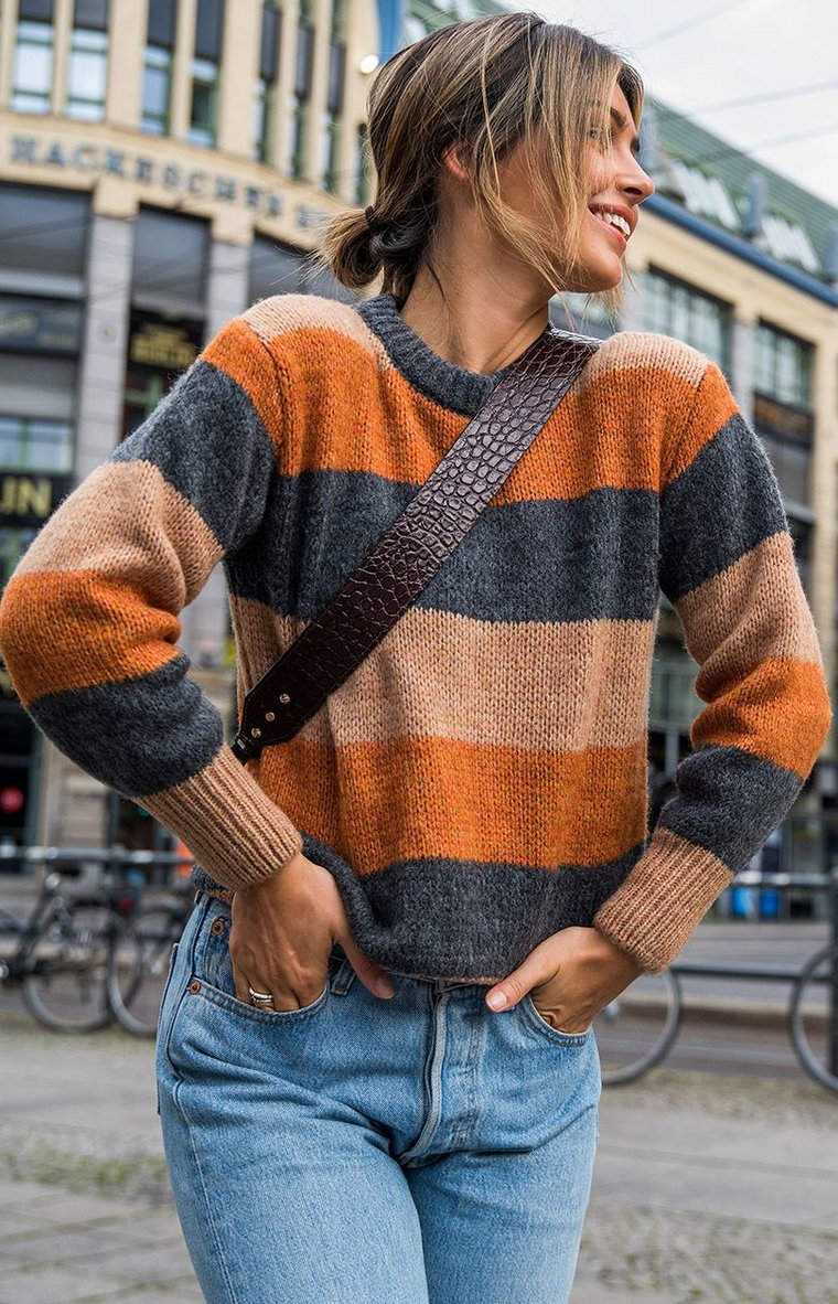 Sweter w pasy wielokolorowe BK071/4, Kolor brązowo-szary, Rozmiar L/XL, BE