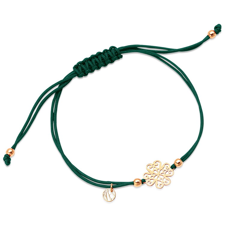 Bransoletka srebrna pozłacana na zielonym sznurku - koniczyna - Hippie