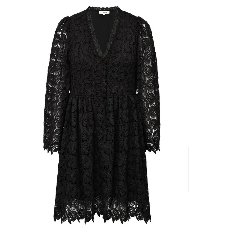 Czarna koronkowa mini sukienka z dekoltem w serek i bufiastymi rękawami A-View