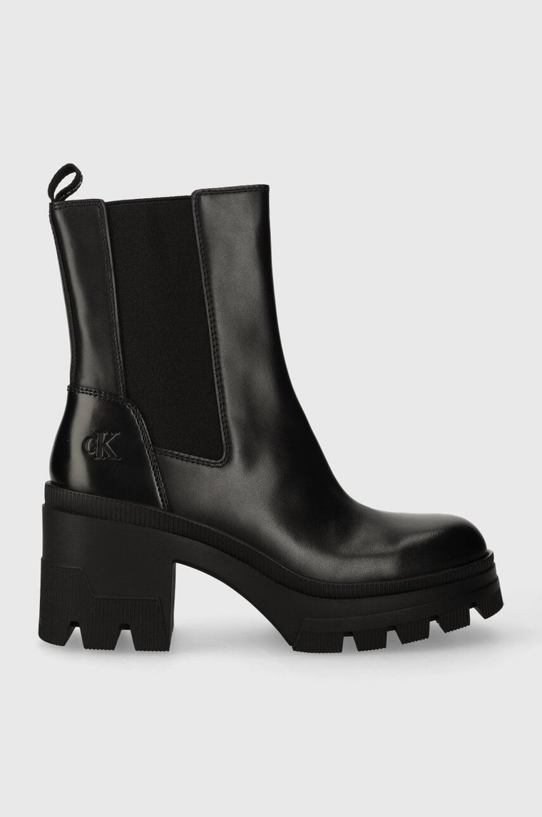 Calvin Klein Jeans botki skórzane CHUNKY HEELED CHELSEA BOOT LTH damskie kolor czarny na słupku YW0YW01112