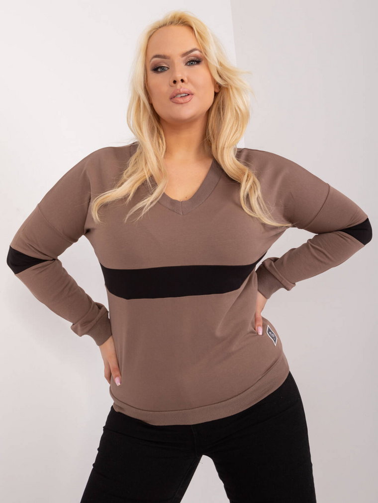 Bluzka plus size brązowy casual codzienna dekolt w kształcie V rękaw długi naszywki