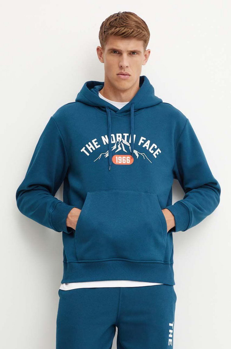 The North Face bluza Hoodie Varsity Graphic męska kolor turkusowy z kapturem z nadrukiem NF0A89DJ1NO1