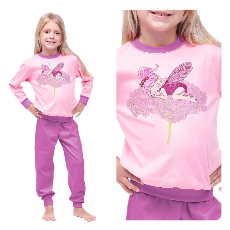Piżama Dla Dziecka Dziewczynki Bawełna 100% Długi Rękaw I Spodnie Różowa Z Nadrukiem Elf 110