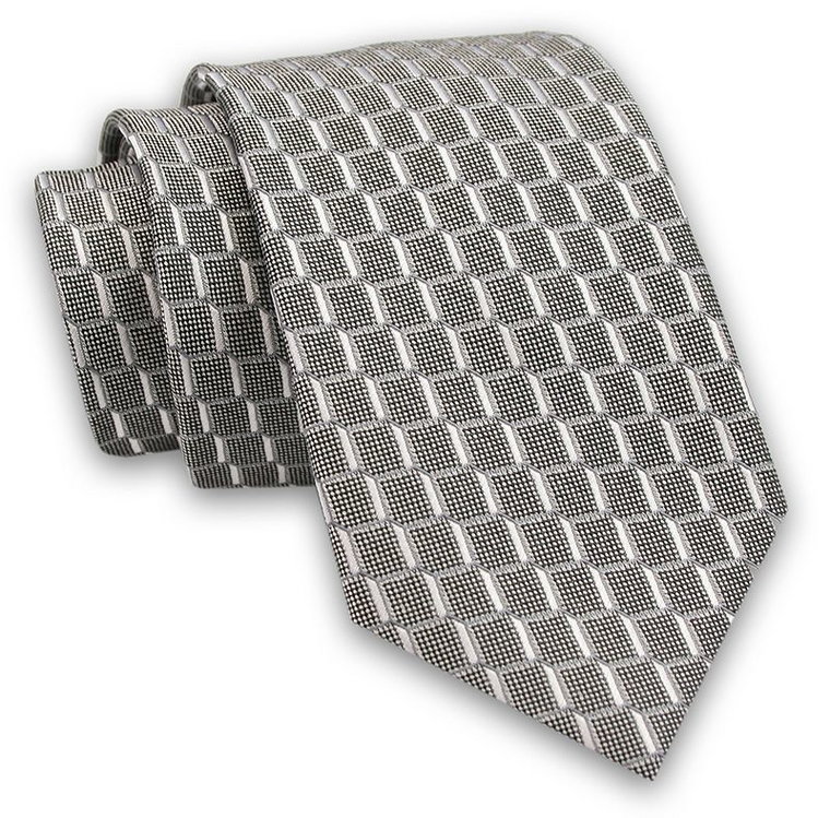 Szary Elegancki Męski Krawat -ALTIES- 7cm, Stylowy, Klasyczny, Wzór Geometryczny