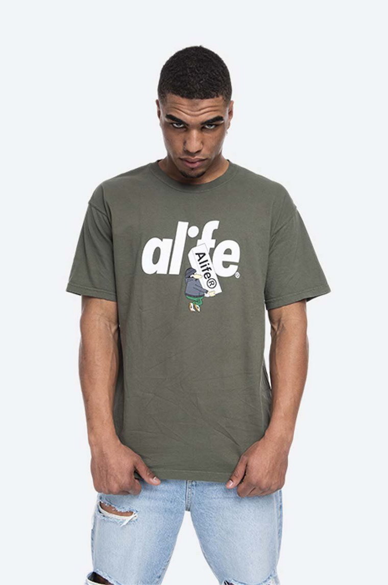 Alife t-shirt bawełniany Boostin kolor zielony wzorzysty ALISS20-58 HUNTER GREEN/WHITE ALISS20.58-HUNTER.GRE