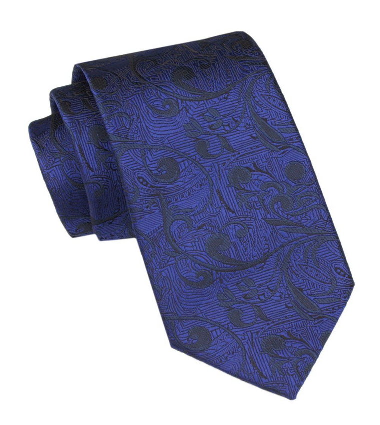 Krawat Męski - Alties - Ciemnoniebieski z Czarnym Motywem Kwiatowym