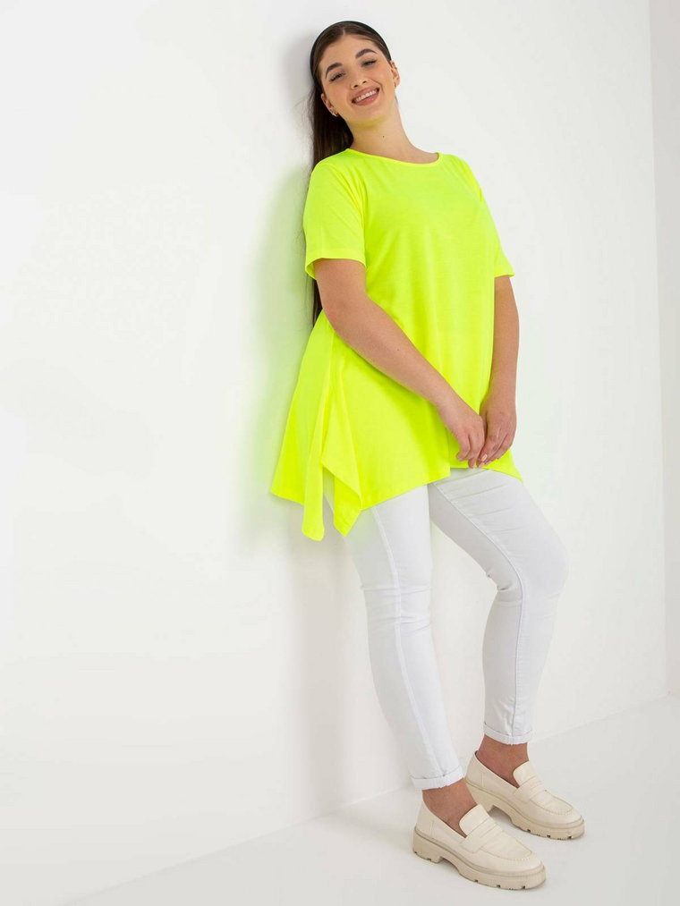 Bluzka plus size fluo żółty casual codzienna dekolt okrągły rękaw krótki