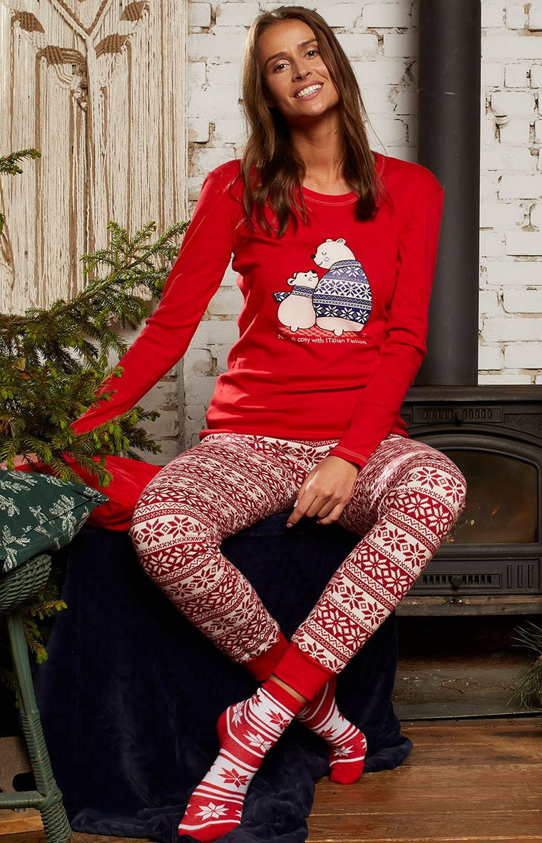 Piżama damska świąteczna z długim rękawem i długimi nogawkami czerwona Arktyka, Kolor czerwony-wzór, Rozmiar S, Italian Fashion