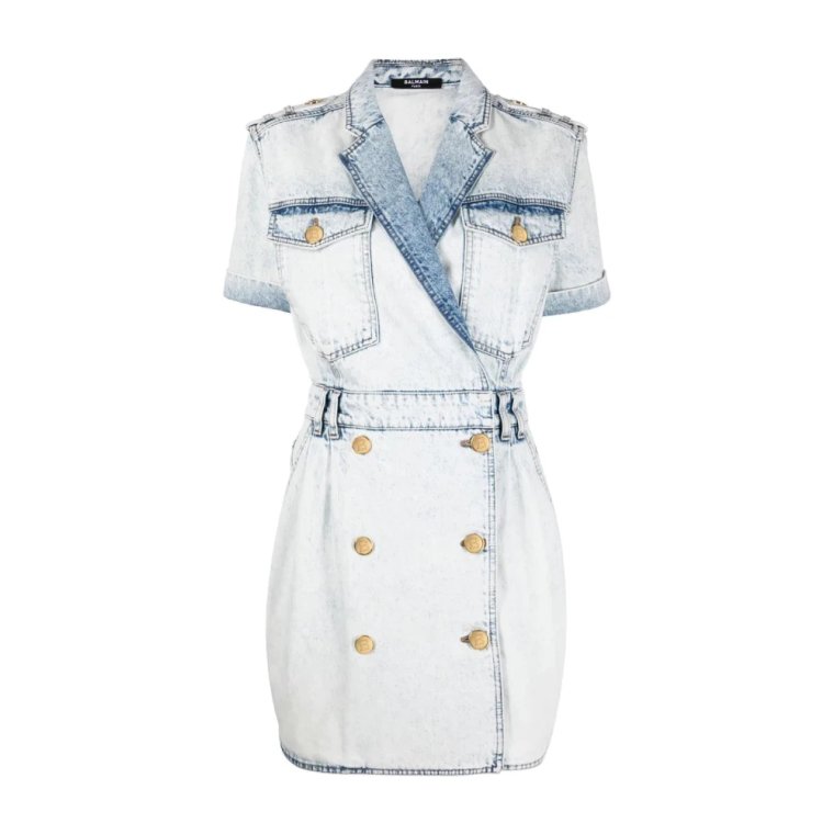 Niebieska Sukienka Mini z Paskiem z Denimu Balmain