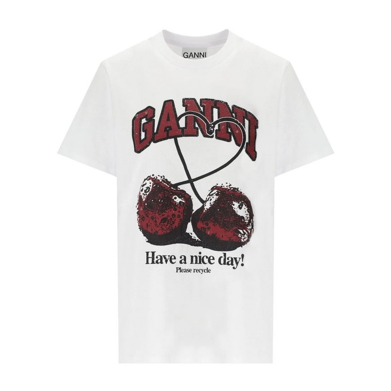 Luźny Cherry Biały Bawełniany T-shirt Ganni