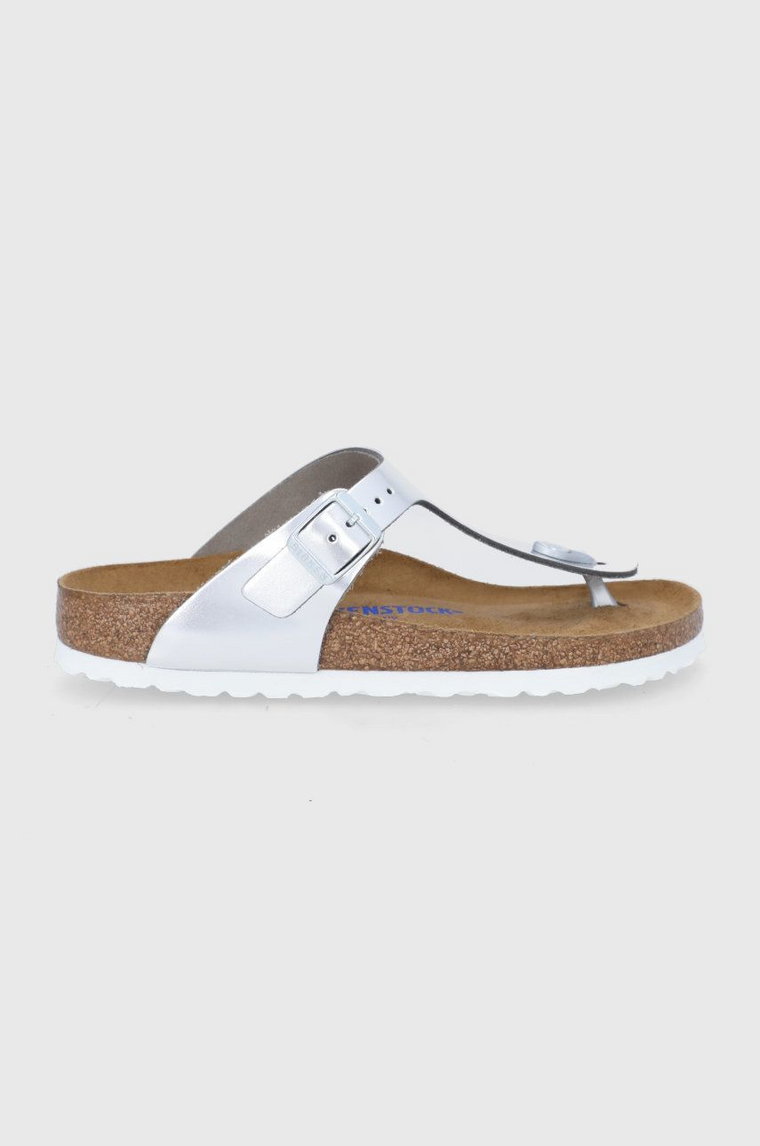 Birkenstock japonki skórzane Gizeh BS 1003675 damskie kolor srebrny na płaskim obcasie 1003675-Silver