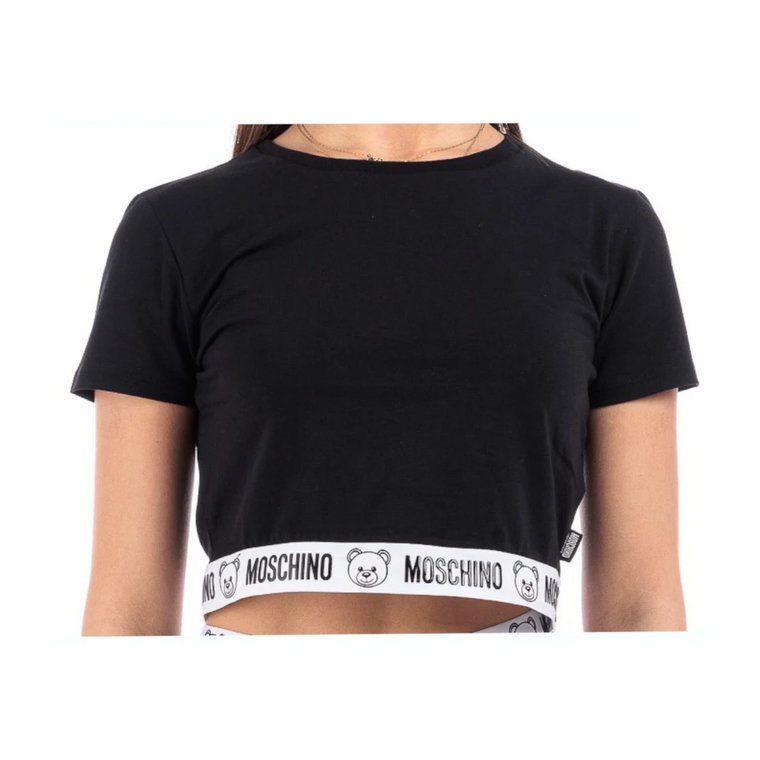 Czarna Koszulka Crop z Logo Moschino