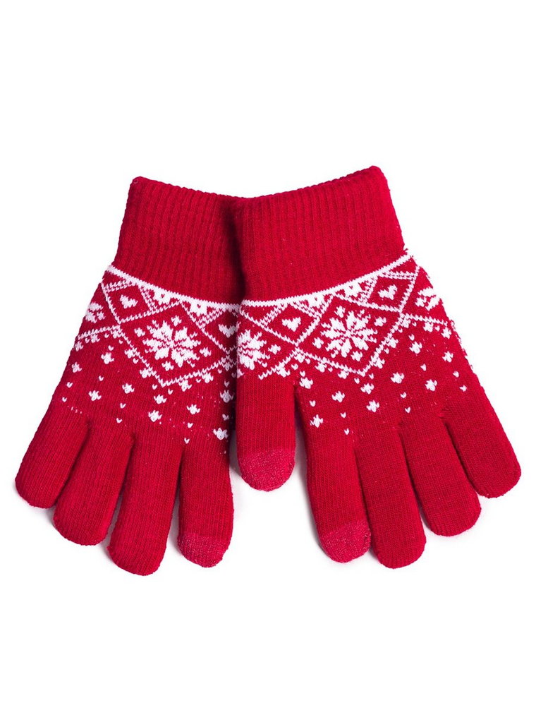 Rękawiczki dziewczęce pięciopalczaste ocieplane wzór norweski czerwone dotykowe 20 cm