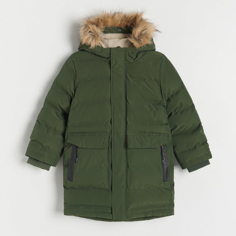 Reserved - Ocieplany płaszcz z kapturem - zielony