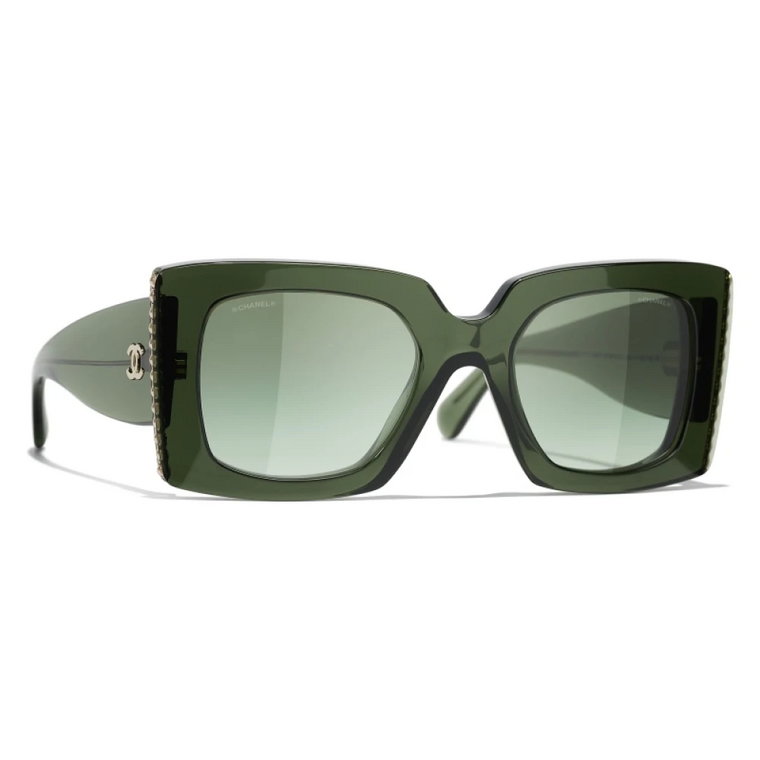 Zielone Okulary z Acetatową oprawką i imitacją pereł Chanel