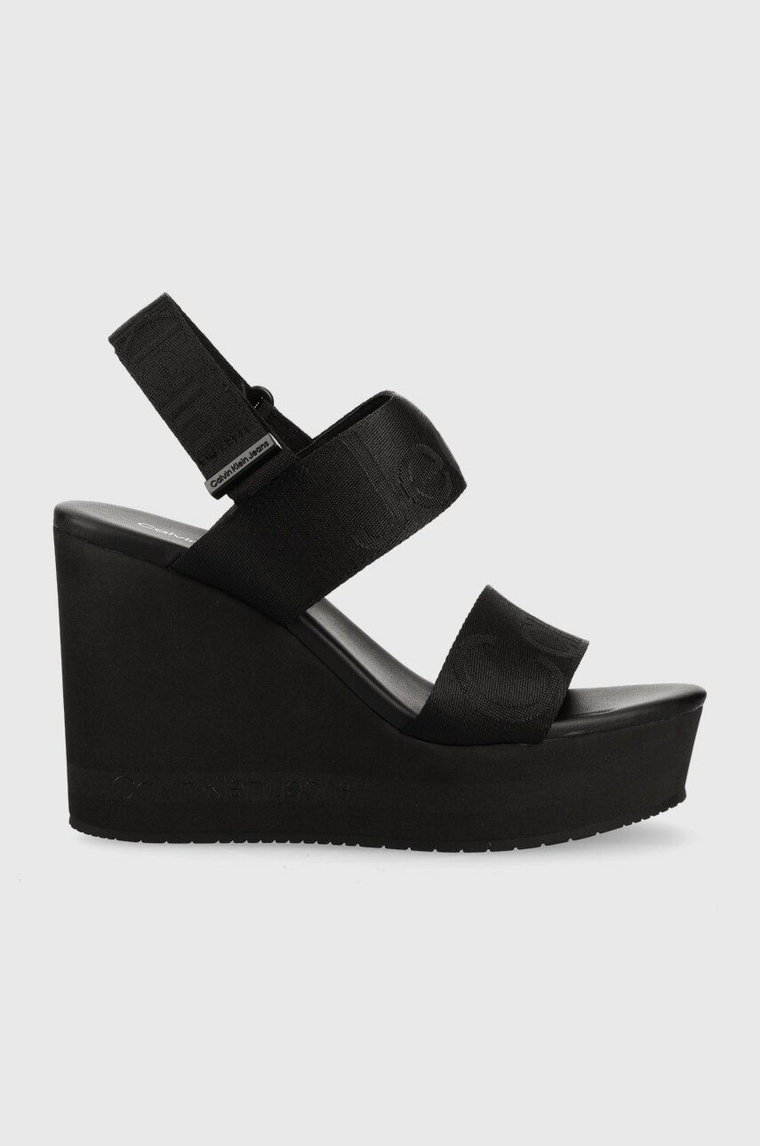 Calvin Klein Jeans sandały WEDGE SANDAL WEBBING damskie kolor czarny na koturnie YW0YW00959