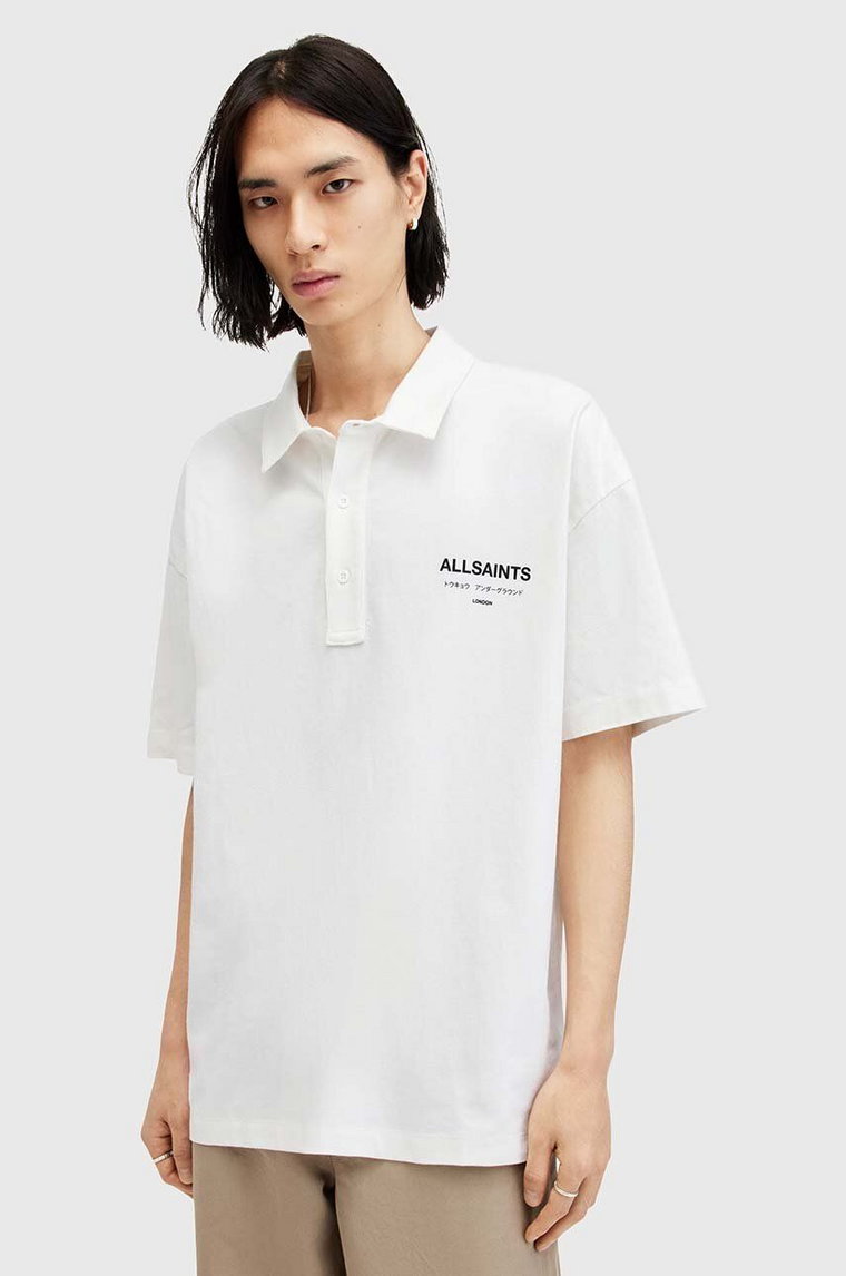 AllSaints polo bawełniane UNDERGROUND SS POLO kolor biały z nadrukiem M047PA