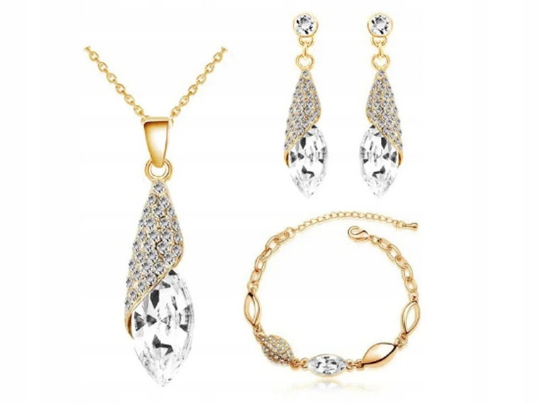 Złoty komplet biżuterii migdały z białymi cyrkoniami kryształowe złocony