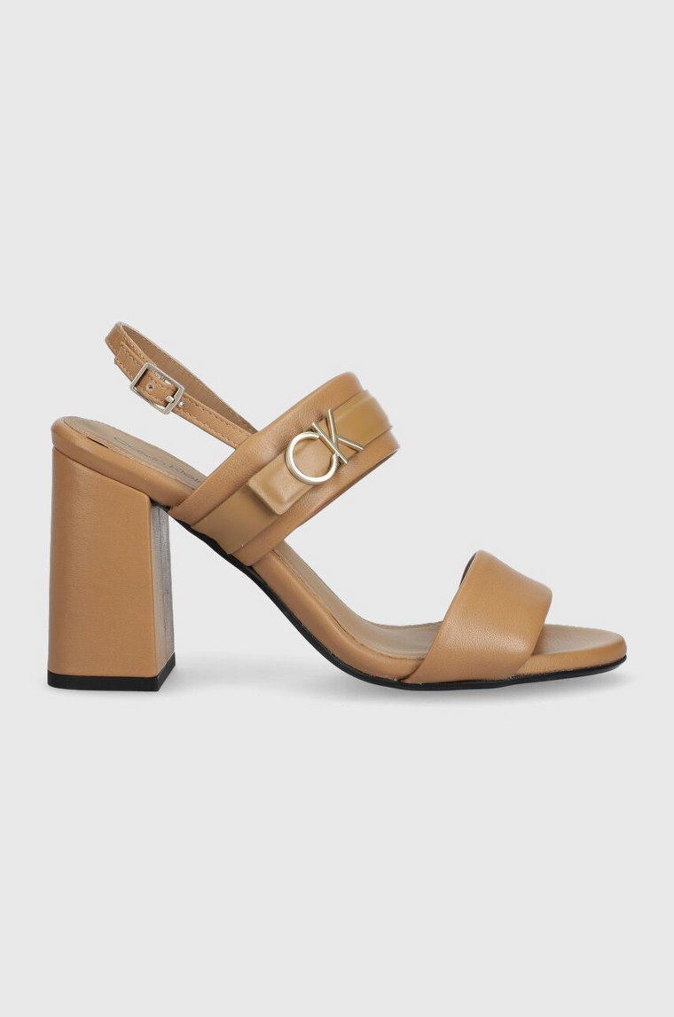 Calvin Klein sandały skórzane BLOCK HL SANDAL 85HH W/HW kolor beżowy HW0HW01486