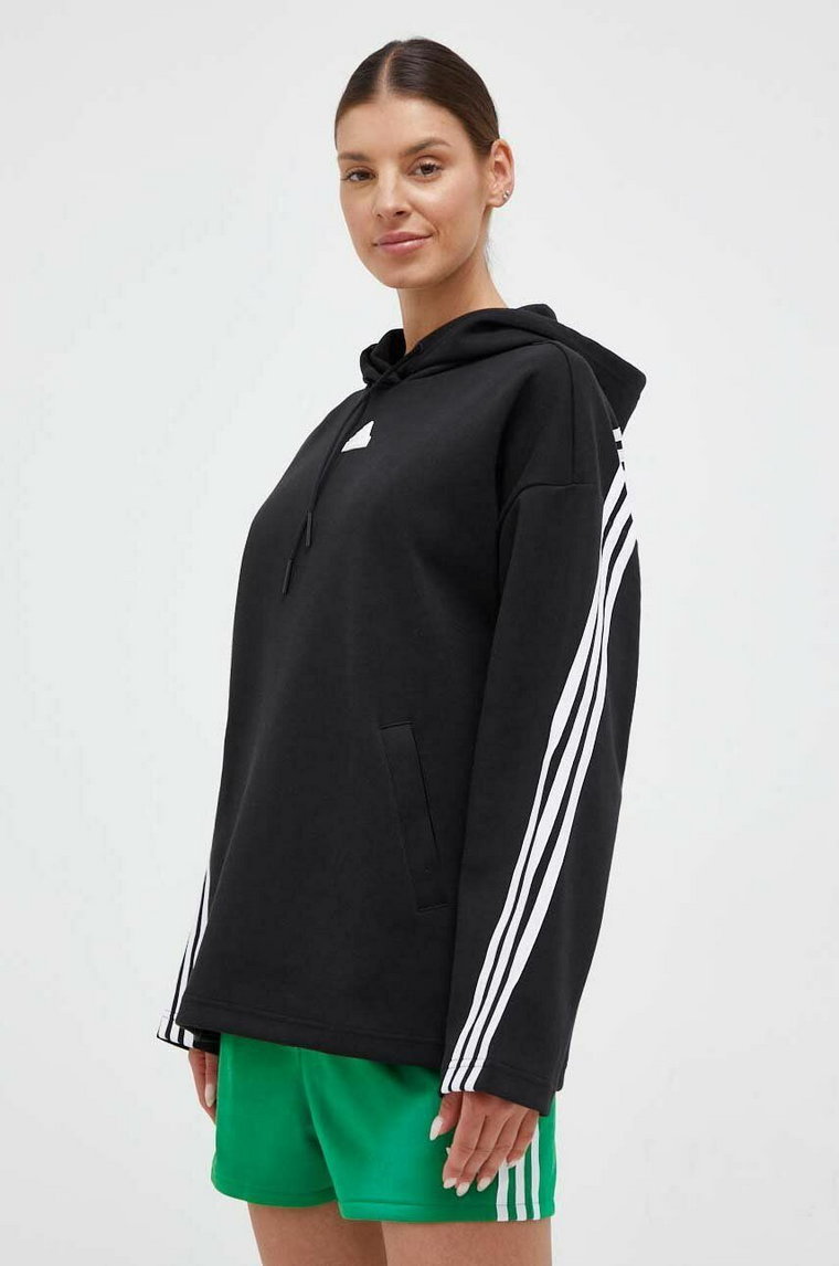 adidas bluza damska kolor czarny z kapturem z aplikacją