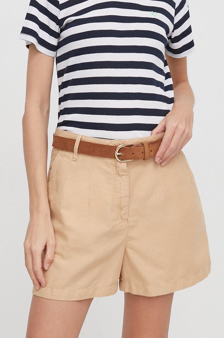 Tommy Hilfiger szorty z domieszką lnu kolor beżowy gładkie high waist