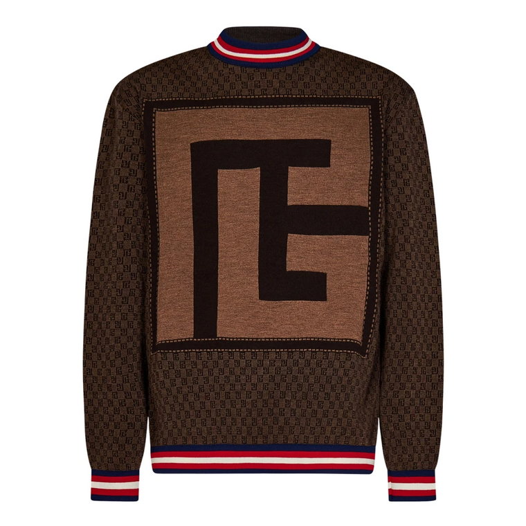 Brązowy sweter z wzorem Jacquard i maxi monogramem Balmain