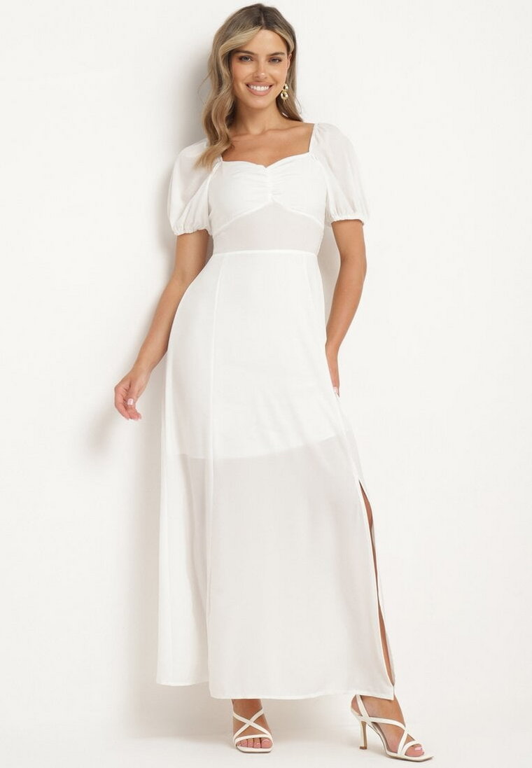 Biała Koktajlowa Sukienka Typu Hiszpanka z Rozcięciem Vikita