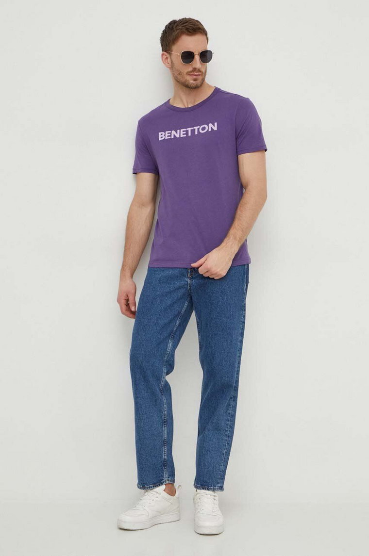 United Colors of Benetton t-shirt bawełniany męski kolor fioletowy z nadrukiem