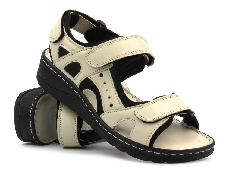 Sportowe sandały damskie na rzepy, skórzane - Artiker 52C0294, beżowe
