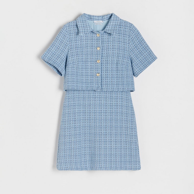 Reserved - Tweedowa sukienka mini - niebieski