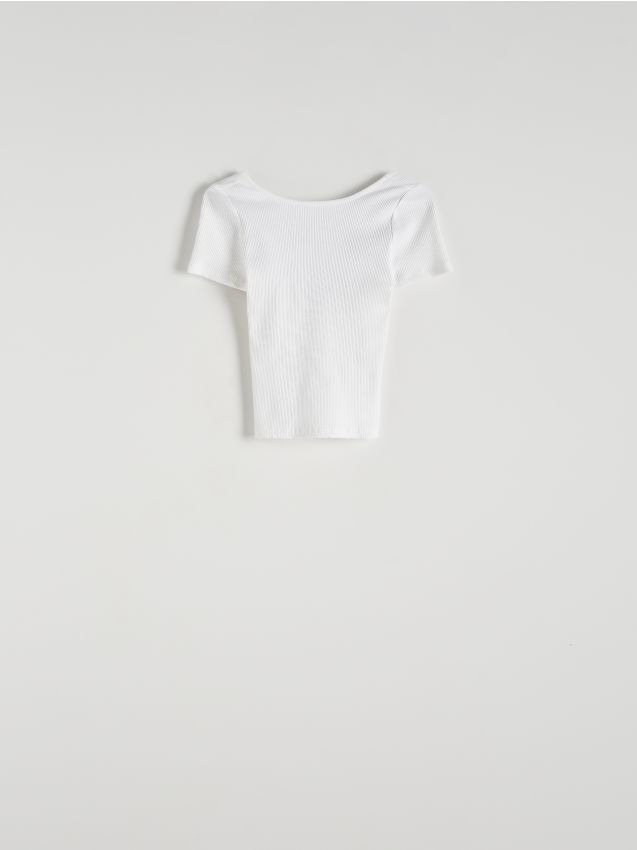 Reserved - Prążkowany t-shirt z wycięciem na plecach - biały
