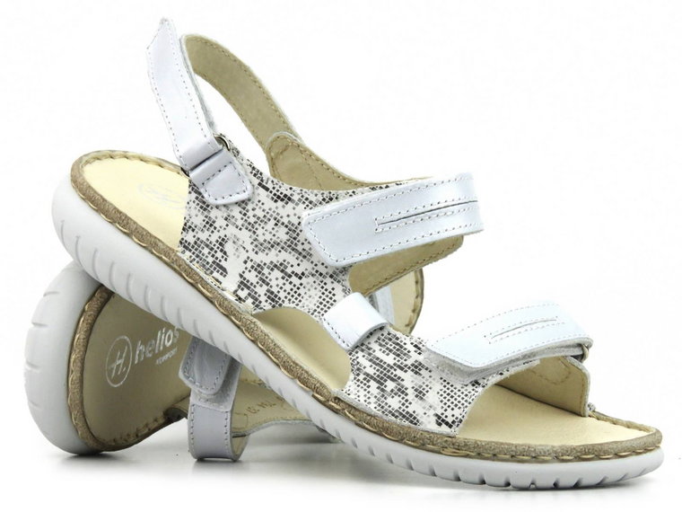 Skórzane sandały damskie na rzepy - Helios Komfort 794S, srebrne