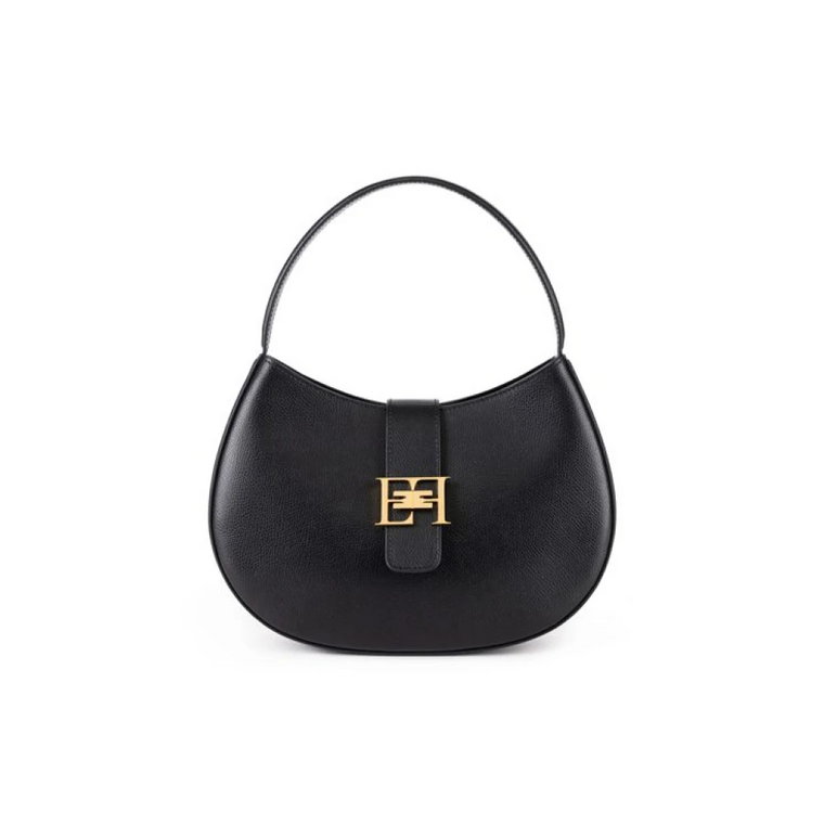 Czarna skórzana torba hobo z metalowym logo Elisabetta Franchi