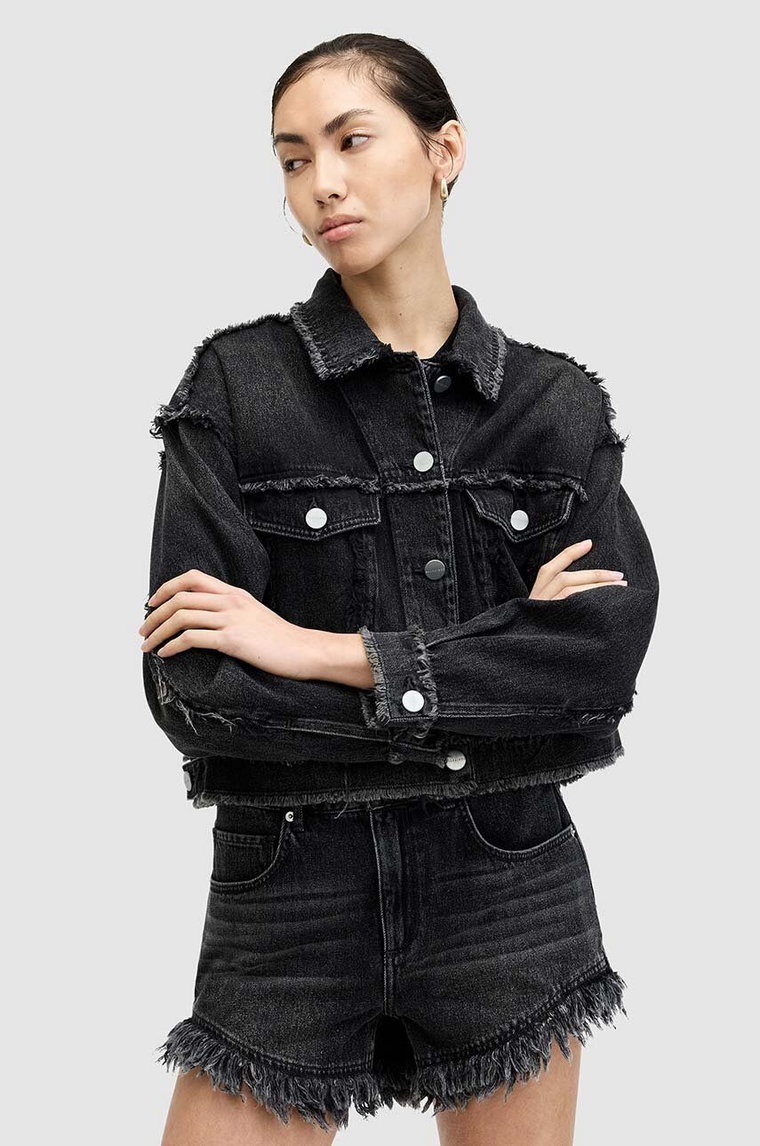 AllSaints szorty jeansowe bawełniane ASTRID FRAY kolor czarny gładkie high waist W036EA