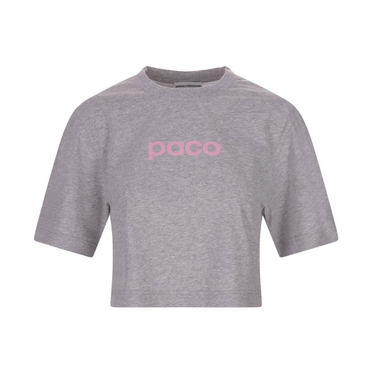 Szara Crop T-shirt z Różowym Logo Paco Rabanne