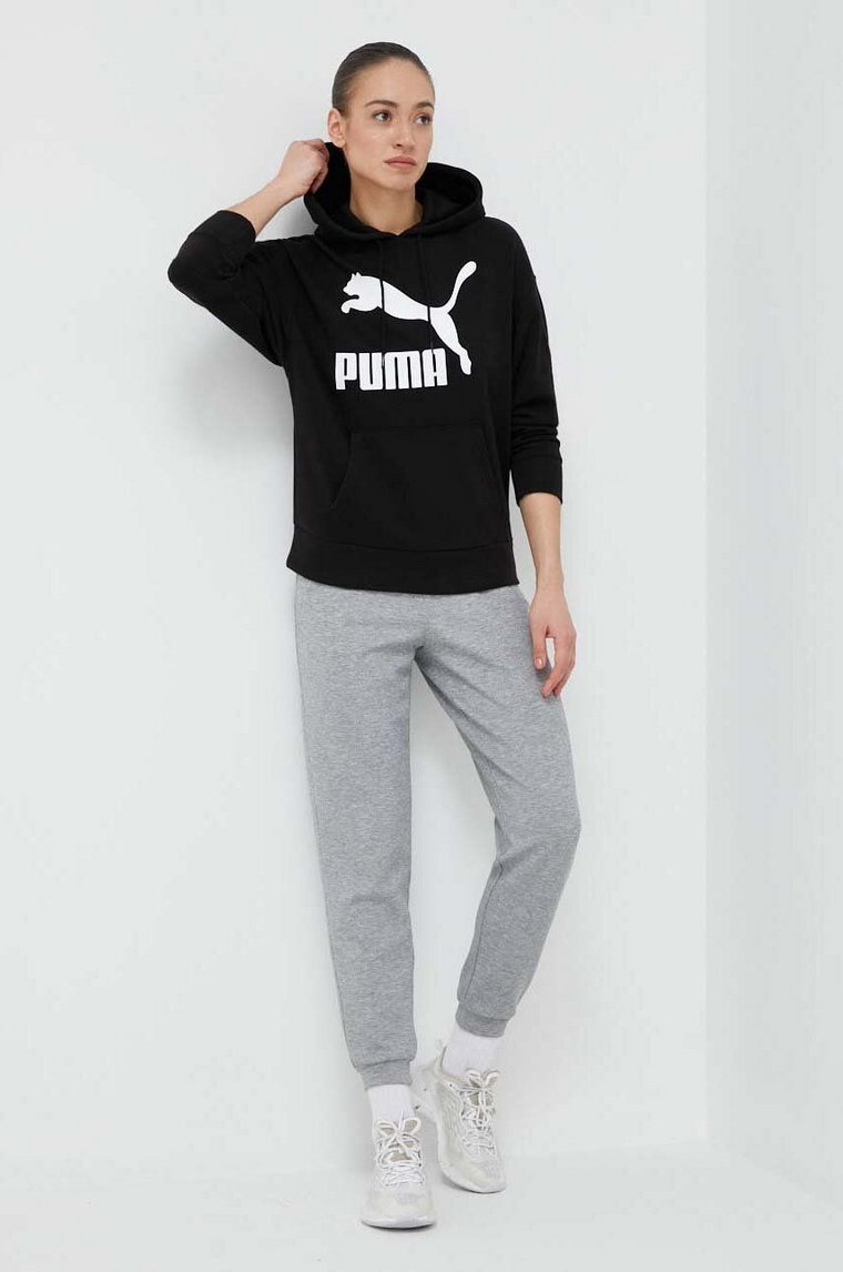 Puma bluza damska kolor czarny z kapturem z nadrukiem 530074