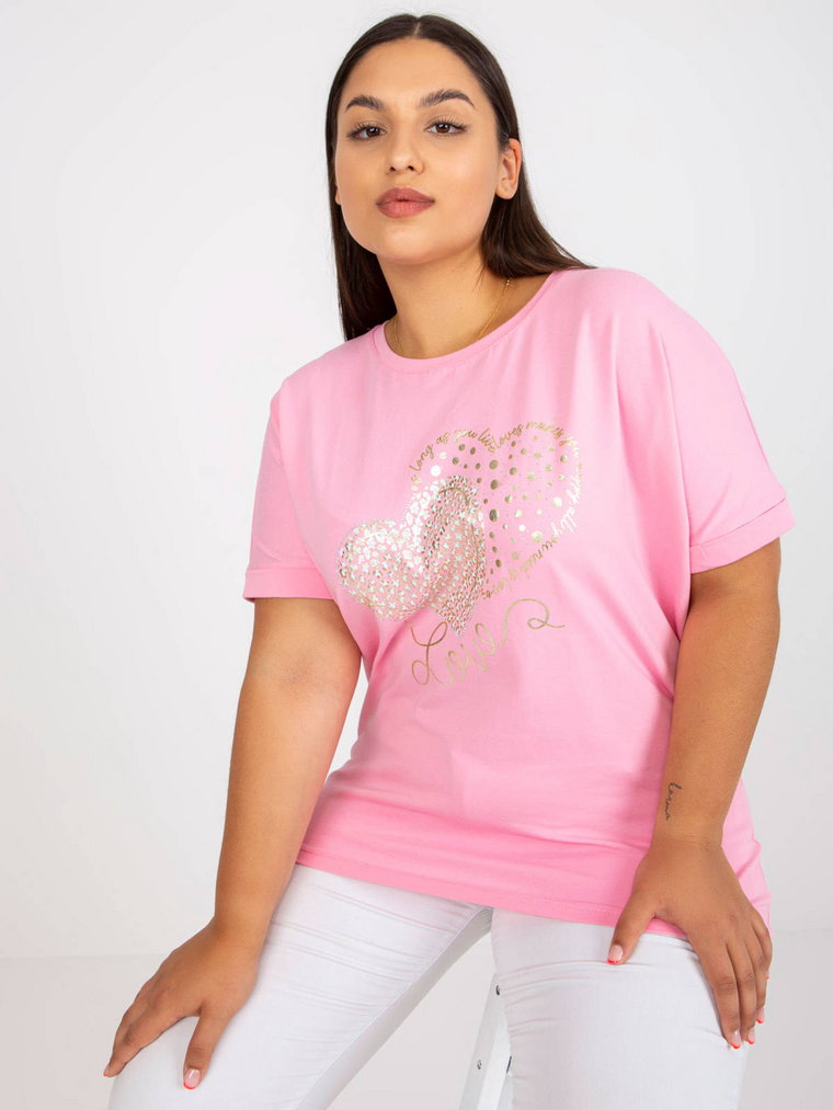 T-shirt plus size różowy casual dekolt okrągły rękaw krótki dżety