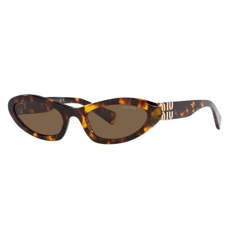 Okulary przeciwsłoneczne o nieregularnym kształcie z ciemnobrązowymi soczewkami i złotym logo Miu Miu