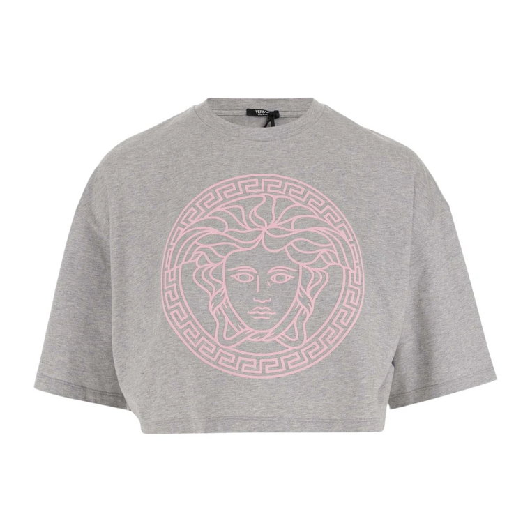 Szara Bawełniana Crop T-shirt z Detalem Logo Versace