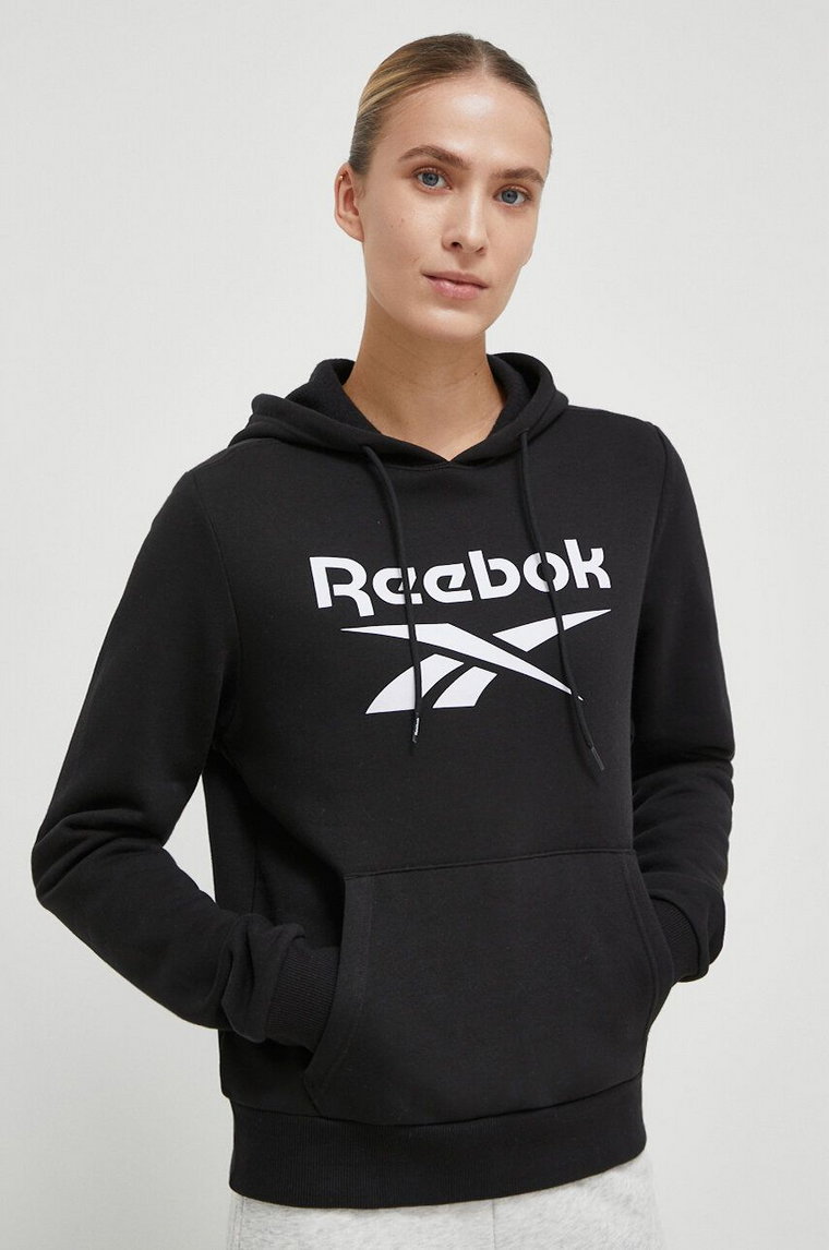 Reebok bluza damska kolor czarny z kapturem z nadrukiem