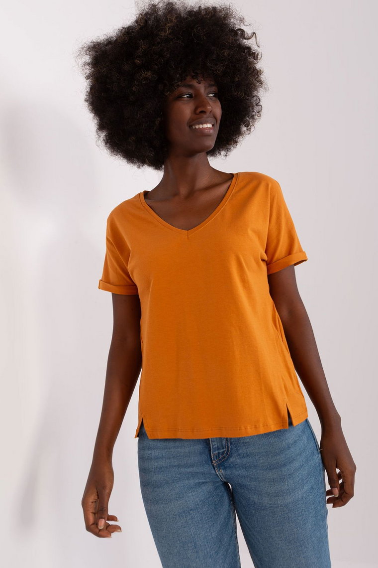 Jasnopomarańczowy damski t-shirt basic z rozcięciami