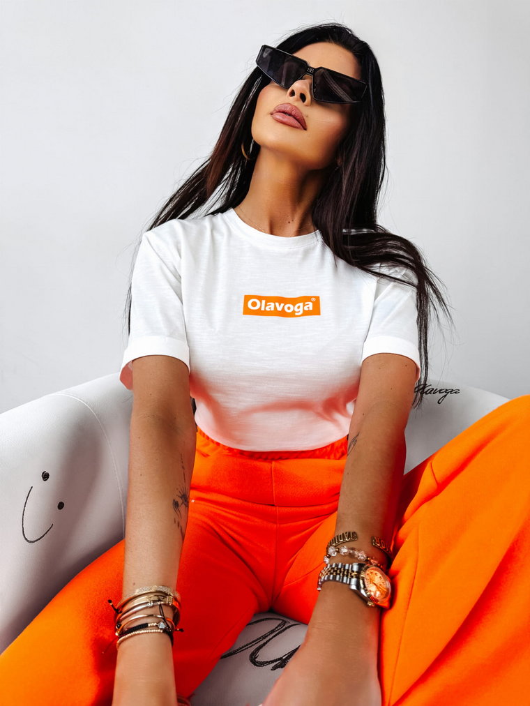 T-shirt damski OLAVOGA GRAND biały-neon pomarańcz
