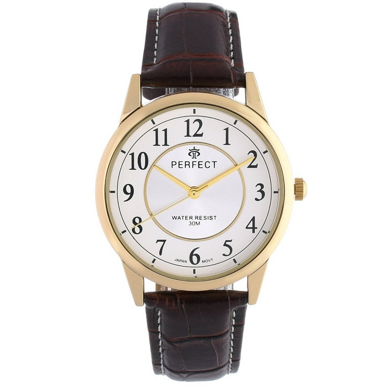 Zegarek męski kwarcowy biało-złoty klasyczny brązowy skórzany pasek C402