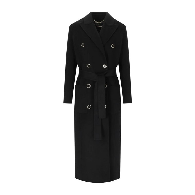 Czarny płaszcz z paskiem i podwójnym rzędem guzików Elisabetta Franchi