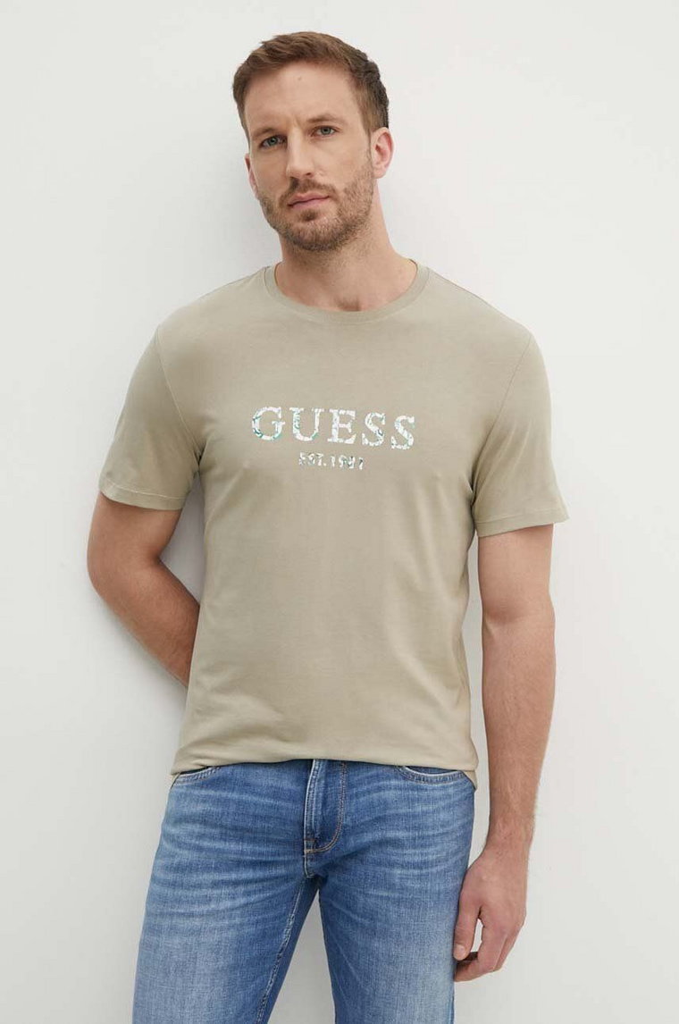 Guess t-shirt męski kolor beżowy z nadrukiem M4YI38 J1314