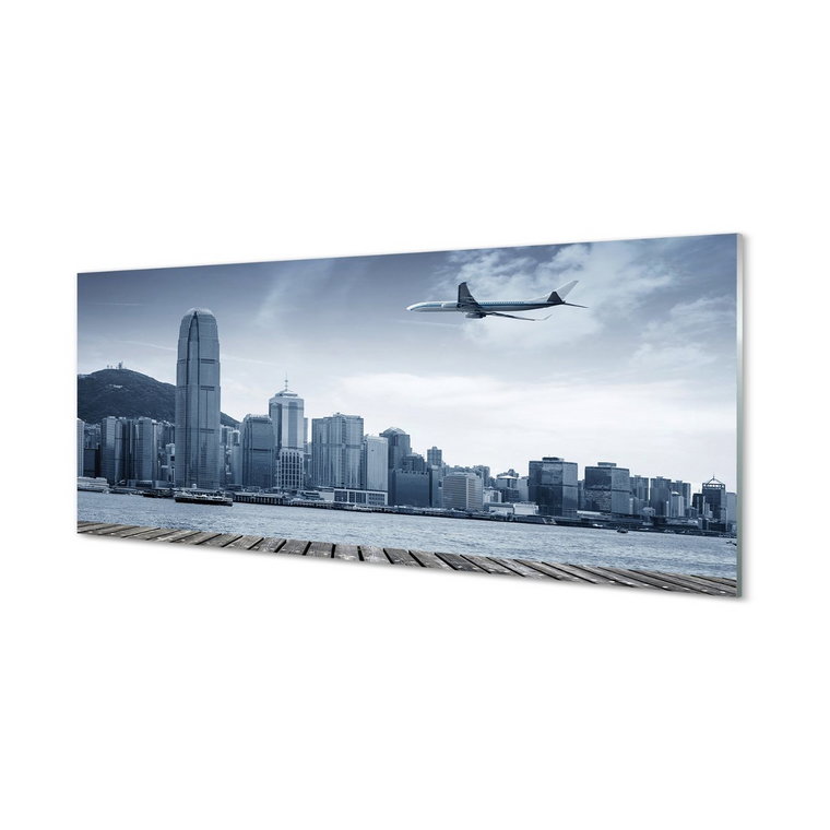 Szklany panel + klej Samolot miasto chmury 125x50 cm