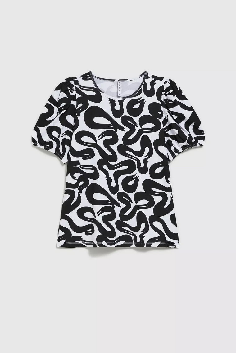 Bluzka z geometrycznym wzorem i bufiastymi rękawami czarno-biała